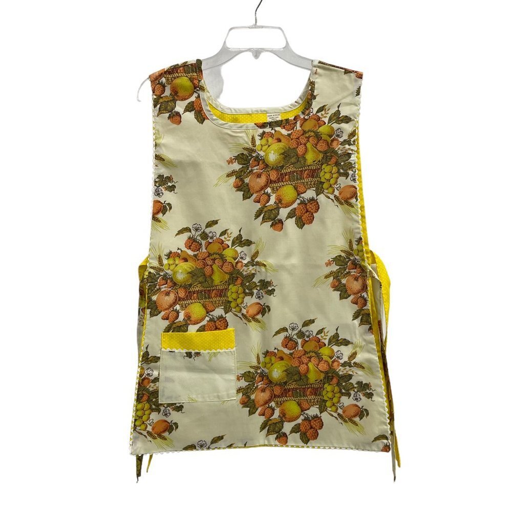 Women Yellow Orange Reversible Bib Apron Fruit Floral Pattern Vintage Autumn - Picture 1 of 14